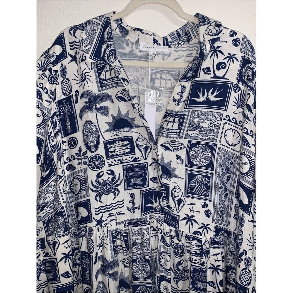 Linen Rayon Blend Navy & White Beach Novelty Printed Button-Front Shirt Dress 3X